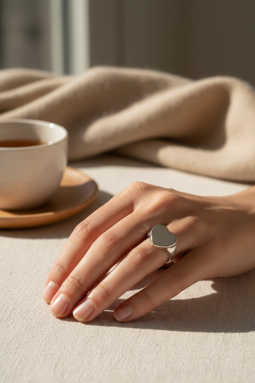 The Heart Signet Ring on Model's Hand